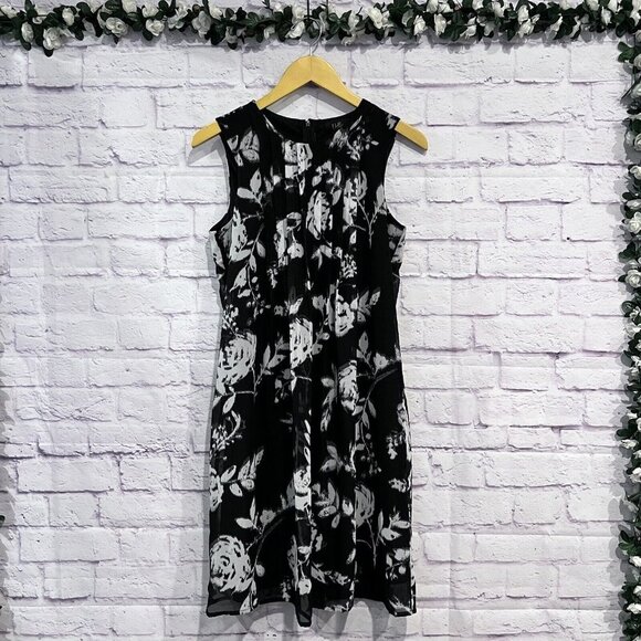 ILE New York Black White Dress Black Floral Print Swing Trapeze Flare Sleeveless - Picture 1 of 11